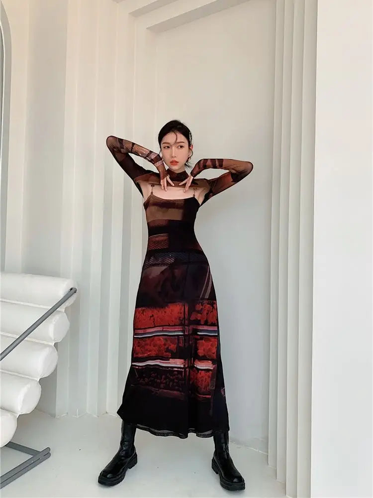 2 Piece Mesh Long Sleeve Punk Dress Women Turtleneck Long Midi Bodycon Ladies Dress Runway Fashion Designer Clothes