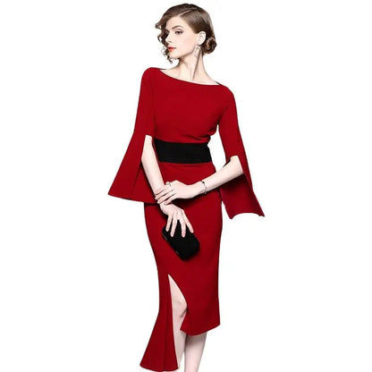 New irregular waist-tightening dresses red medium-length dress for solid slash neck flare sleevebanquet in 2025