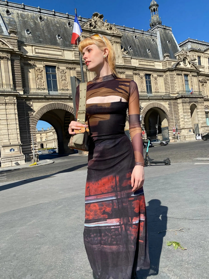 2 Piece Mesh Long Sleeve Punk Dress Women Turtleneck Long Midi Bodycon Ladies Dress Runway Fashion Designer Clothes