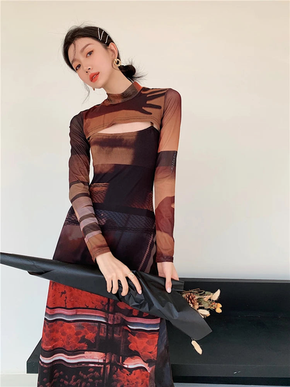 2 Piece Mesh Long Sleeve Punk Dress Women Turtleneck Long Midi Bodycon Ladies Dress Runway Fashion Designer Clothes