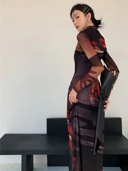 2 Piece Mesh Long Sleeve Punk Dress Women Turtleneck Long Midi Bodycon Ladies Dress Runway Fashion Designer Clothes