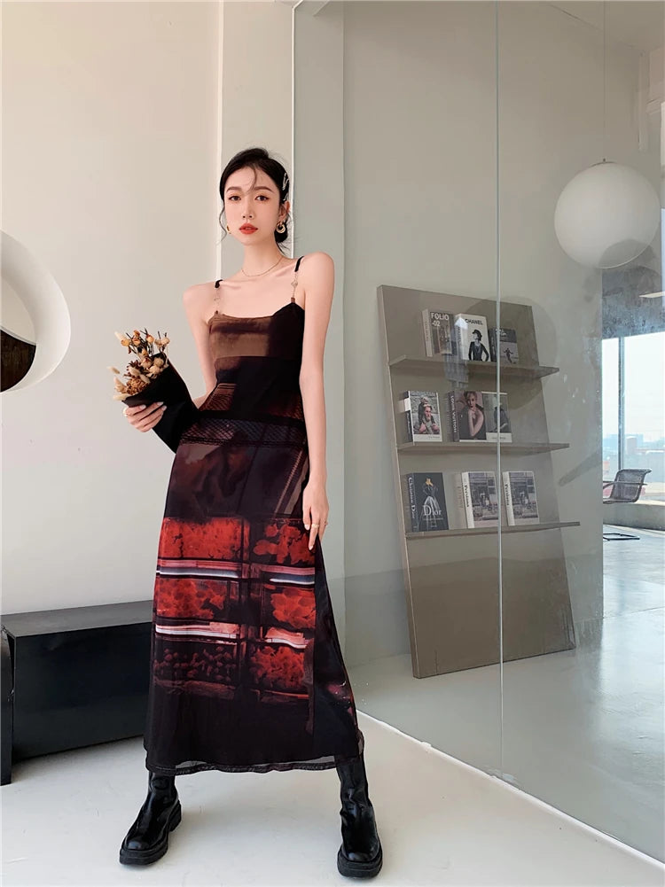 2 Piece Mesh Long Sleeve Punk Dress Women Turtleneck Long Midi Bodycon Ladies Dress Runway Fashion Designer Clothes